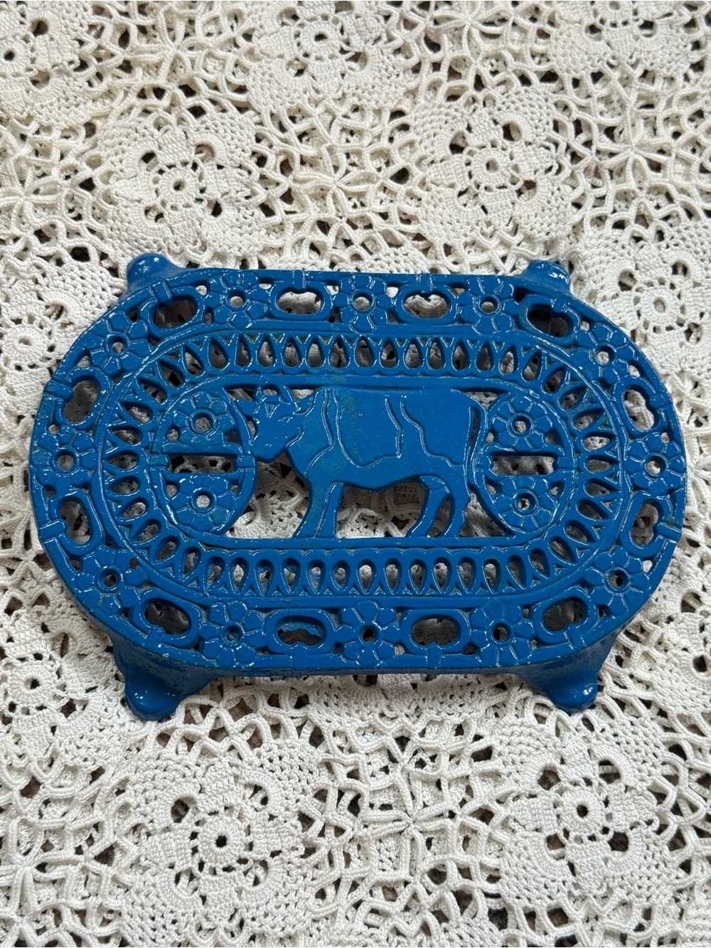 Vintage Blue Cast Iron Cow Trivet